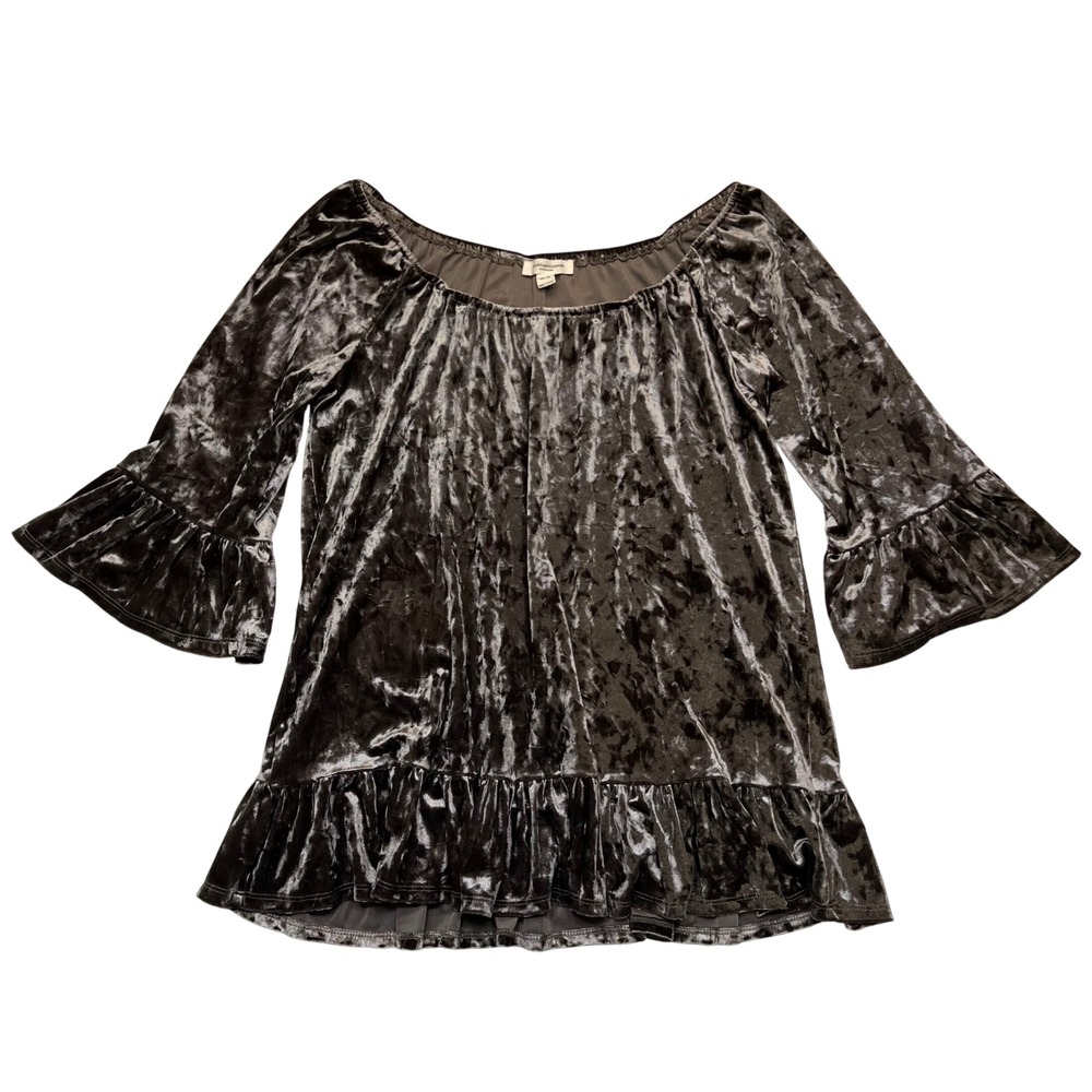 Gray Velvet Burnout Bell Sleeve Soft Goth Ethereal Fairycore Ruffle Top Size M